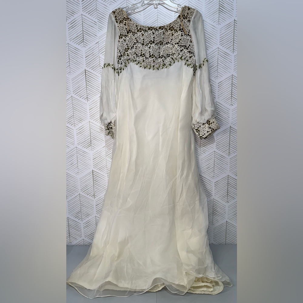 Vtg 60s Empire‎ Waist Maxi Dress White Lace Floral Green Bodice Sheer Sleeve